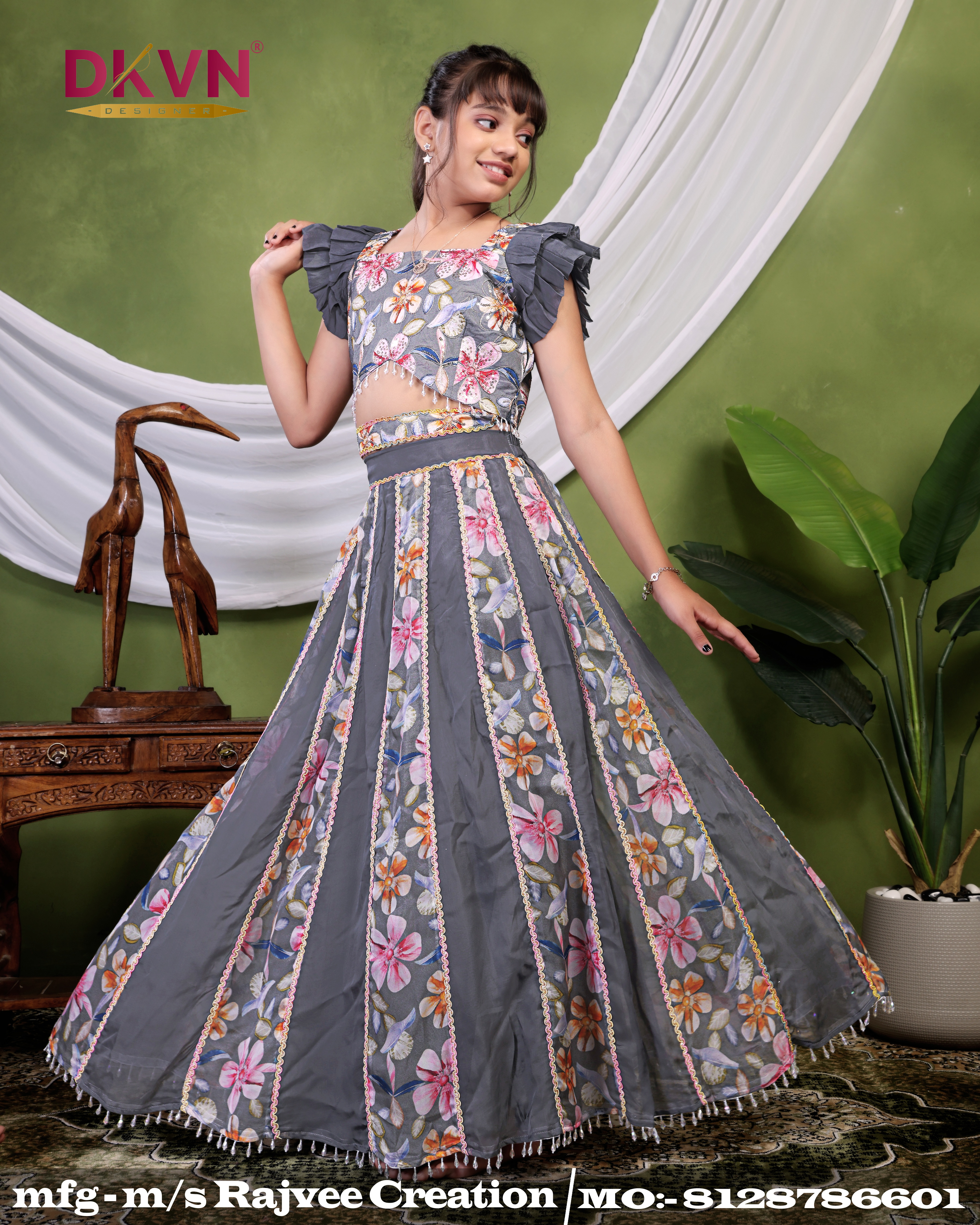 Grey Flower Princess Lehenga Set - Image 2